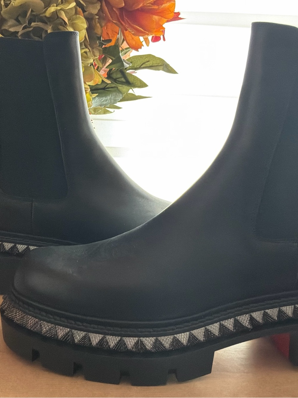Christian Louboutin Black Leather Chelsea Lug-Sole Boots with Patterned Midsole